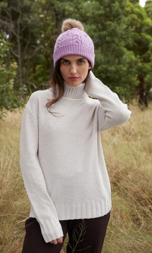 Merino Wool Cable Beanie in Cherry Blossom
