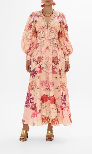 Camilla Shaped Waistband Dress with Gathered Sleeves Blossoms and Brushstrokes