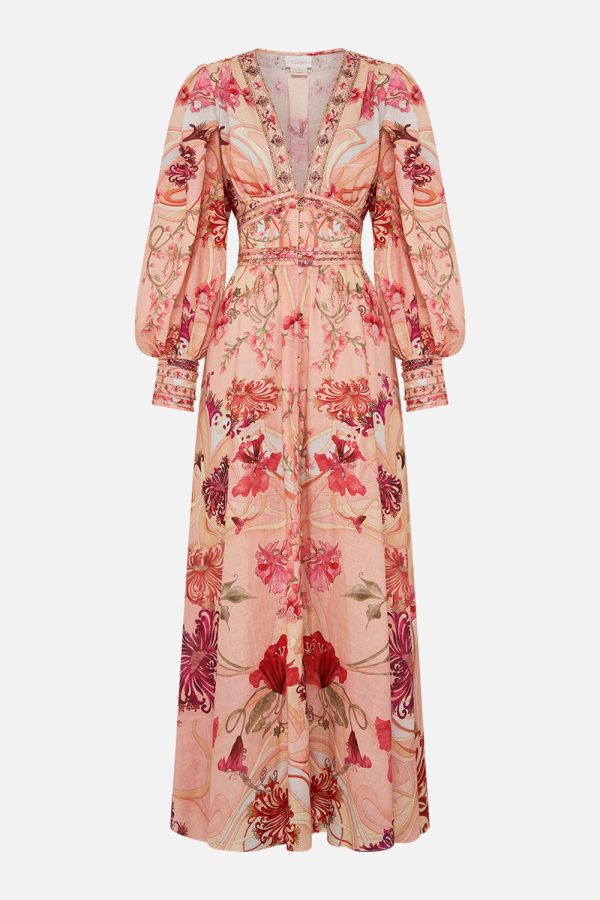 Camilla Shaped Waistband Dress with Gathered Sleeves Blossoms and Brushstrokes